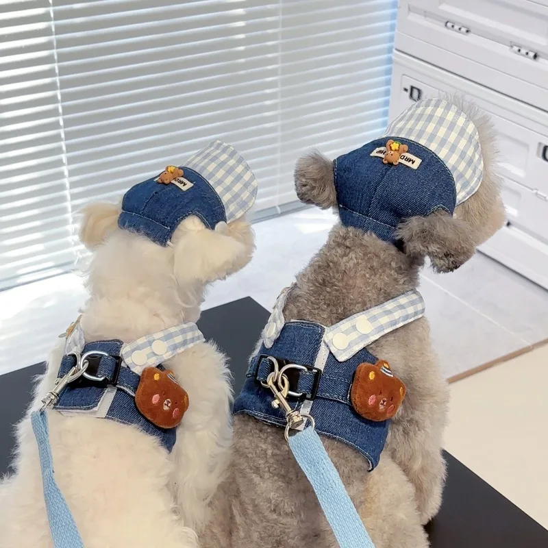 1/Set Dog Harness Leash Puppy Hat Cute Bear Plaid Stripe Harness Leash Rope Ins Style Dog Walking Small Supplies pet harness leash set pet harness set pet leash set