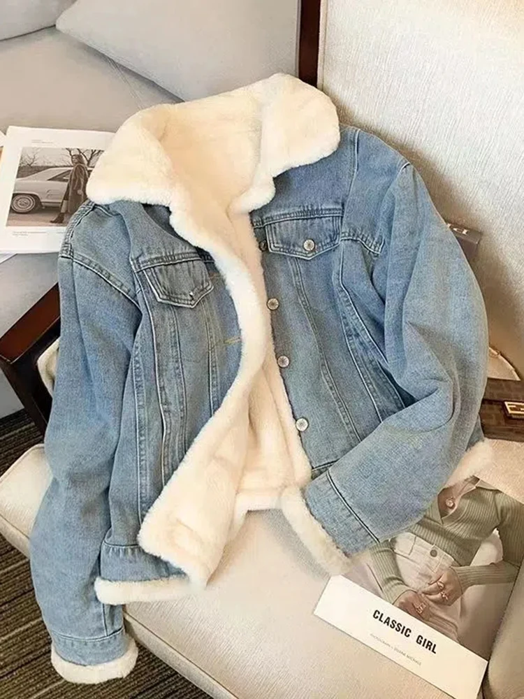 Winter Thicken Denim Jacket Women Two Sides Wearing Lamb Wool Outwear Female Loose Casual Warm Coat Lady POLO Collar Long Sleeve