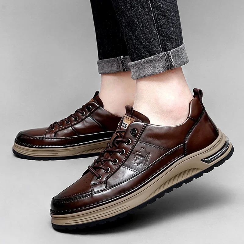 Genuine Leather MEN'S lace up casual sneakers new trendy chunky man vulcanized shoes comfy all-match male skateboard footwear 4