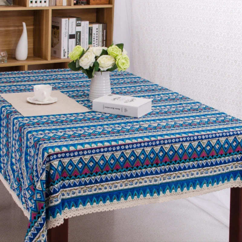 

Ethnic Style Cotton Linen Striped Tablecloth Hotel Homestay Shopping Mall Decor Camping Dust Cover Coffee Table Table Mat