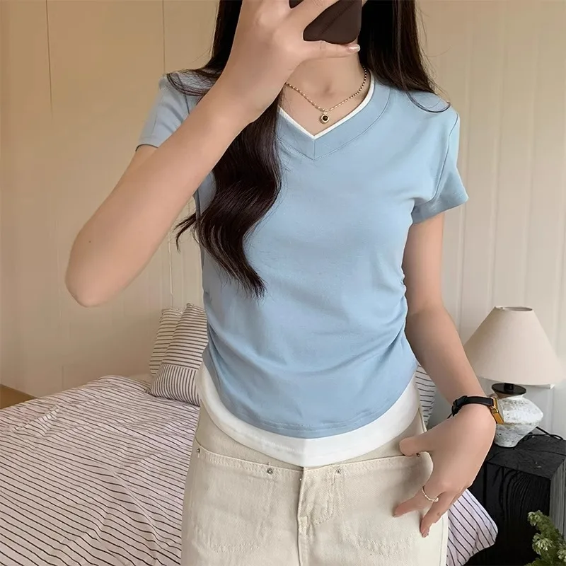 

Curved Hem V-neck Shoulder T-shirt Women's Short-Sleeved Spring Summer New Design Sense Pleated Nipped Waist Fake Two-Piece Top