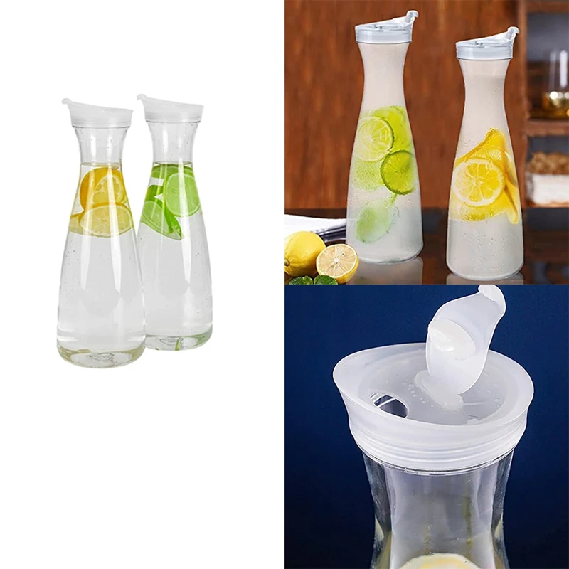 2Pcs 1L Plastic Water Carafes with White Flip Tab Lids- Food Grade &  Recyclable Shatterproof Pitchers - Juice Jar