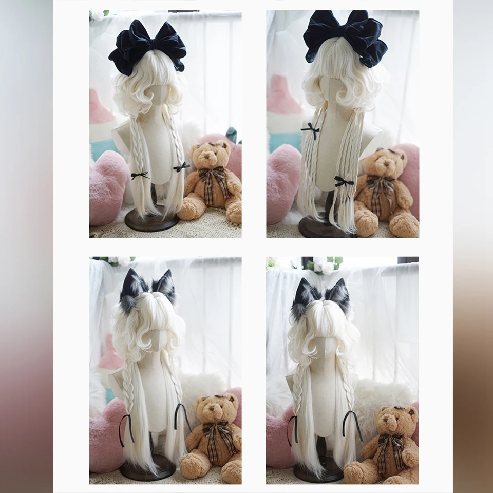 White Synthetic Curly Wig with Elf Ears for Women Costume