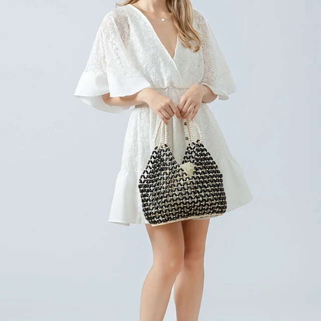 Handwoven Wooden Bead Bucket Bag - Retro Summer Water Handbag