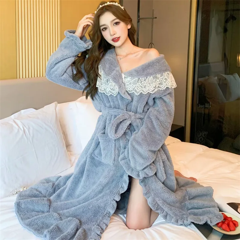 

Women's Princess Bathrobe Lace Design Winter Warm Ladies Pajama Dressing Gown Solid Flannel Long Sleeve Kimono with Sashes