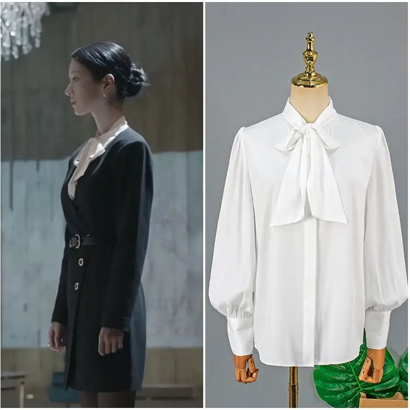 Summer White Single-breasted Casual Blouses Women Korean Drama 서예지 Elegant Long Sleeve Bow Shirts Female Party Lace-up Tops