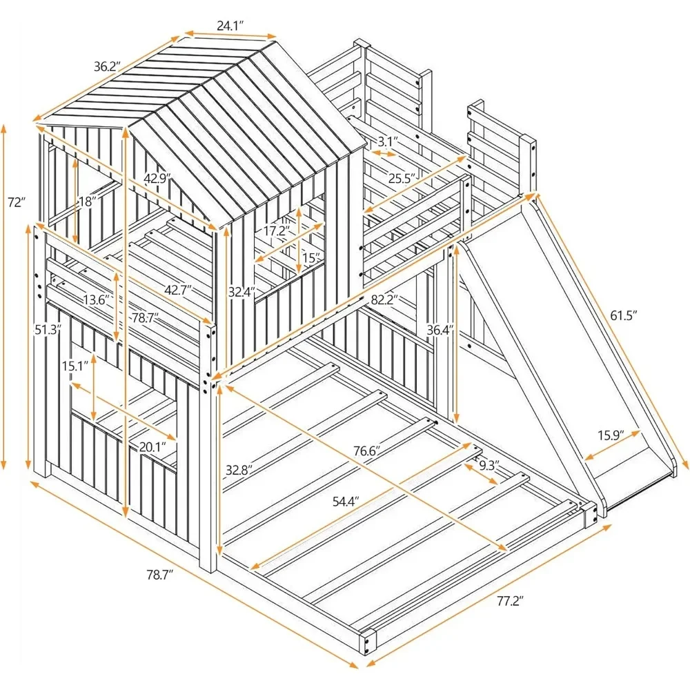 Floor Bunk Beds with Slide, Wooden Twin Over Full Bunk Beds with Slide, Roof and Guard Rail for Kids, Teens, No Box Spring Neede 3