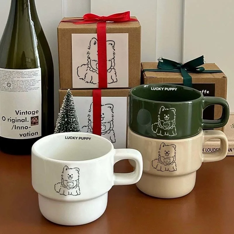 Korean Cartoon Ins Sle Small Dog Milk Coffee Gentle Cerc Mug Couple Breakfast Cup Gift Modern Universal Wooden Box Paa...