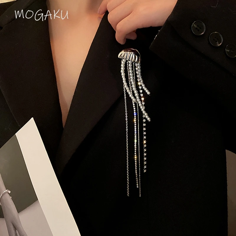 MOGAKU 여성용 롱 태슬 브로치, 라펠 핀, 오피스 메탈 쉘 브로치, 정장 코트 액세서리, 패션 주얼리, 신상