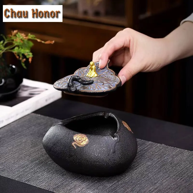 Creative Black Pottery Ashtray Home Decoration Accessories Ceramic Personality With Cover Anti Fly Ash Ashtray Customized Gift 4