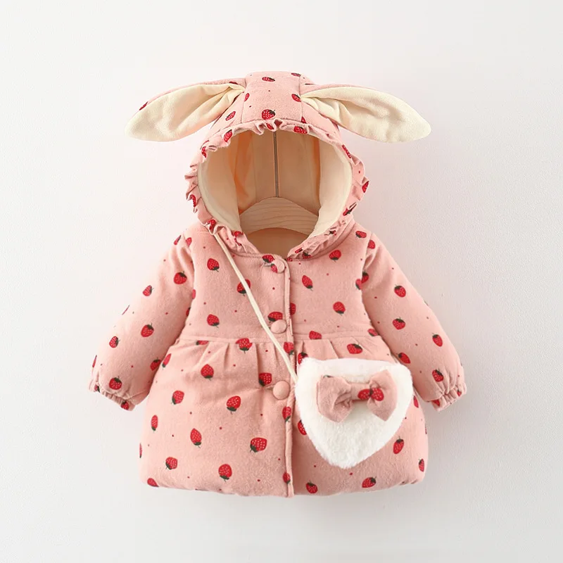 Baby Girl'S Cotton Jacket Cute Strawberry Hooded Girl'S Cotton Jacket For Autumn And Winter Warm Winter Clothing