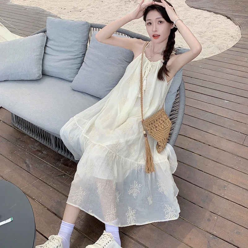 

Sweet Lace Up Ruffled Embroidered Long Dress 2024 Summer New Seaside Vacation Mesh Camisole Loose Fitting Dress