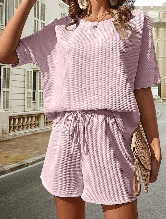 Women's Shorts Set Summer 2023 Fashion Girly Waffle Knit Round Neck Short Sleeve Top and Drawstring Casual Above Knee Shorts Set for husqvarna 362 365 371 372 372xp chain brake handle cover sleeve knee joint 503 76 49 03 503764903 503 75 11 03 accessories
