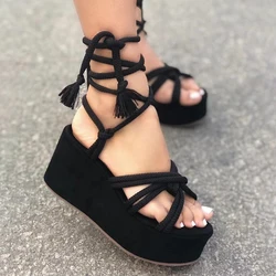 2022 New Wedge Sandals For Women Fashion Cross Tied Ankle Lace-up Platform Shoes Gladiator Heels Ladies Beach Sandals Sandalias