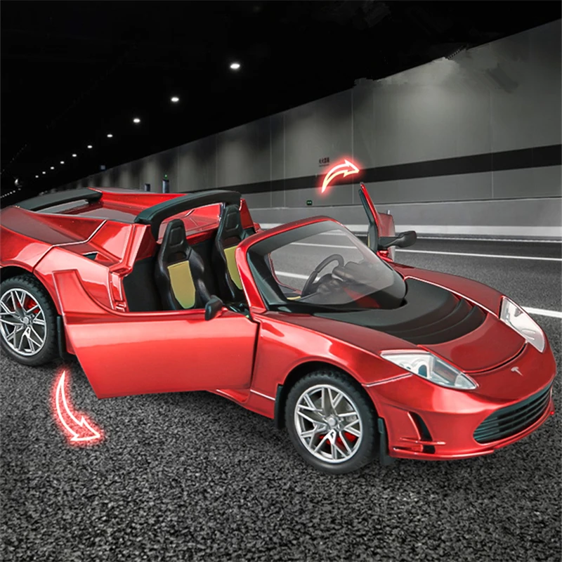 1:24 Tesla Roadster Alloy Sports Car Model Diecasts Metal Toy Racing Vehicles Car Model Simulation Sound and Light Gift 2