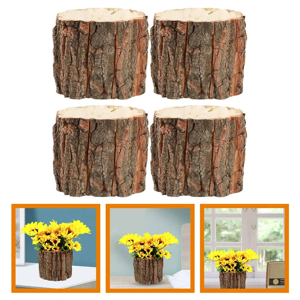 

4Pcs Wood Bark Planter Wood Flower Pot Decorative Rustic Flower Plant Pot Container
