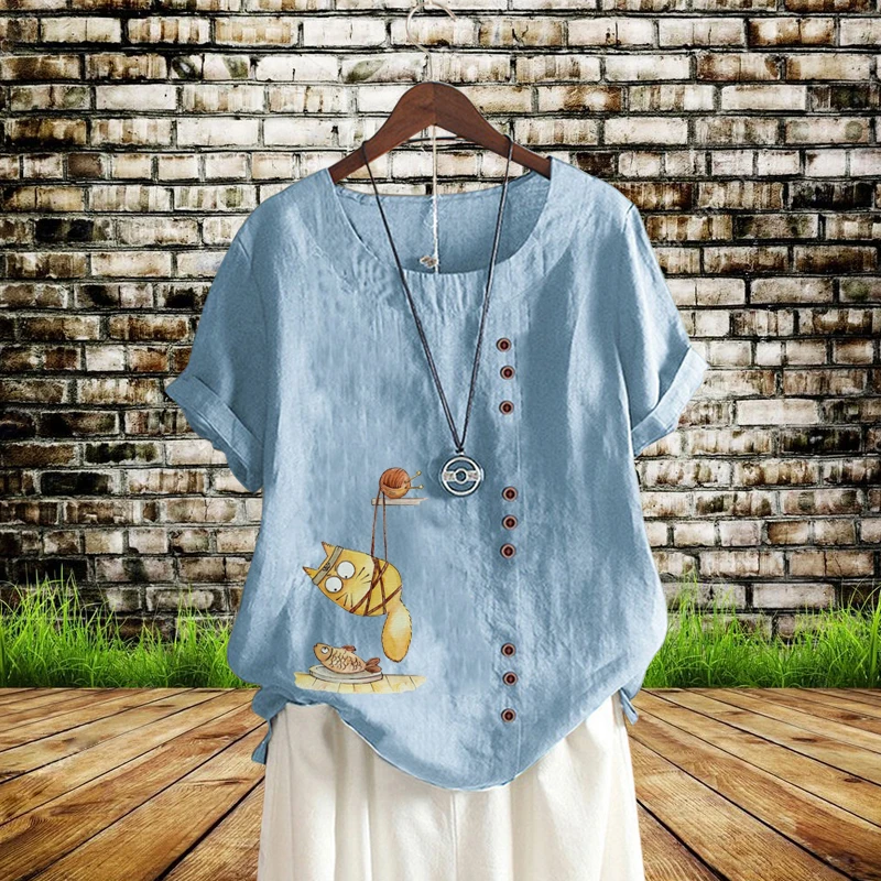 

Fashion Casual Shirt Round Neck Short Printed Sleeve Top Cartoon Pattern Loose Linen T Shirt for Women Lady in Summer XS-5XL