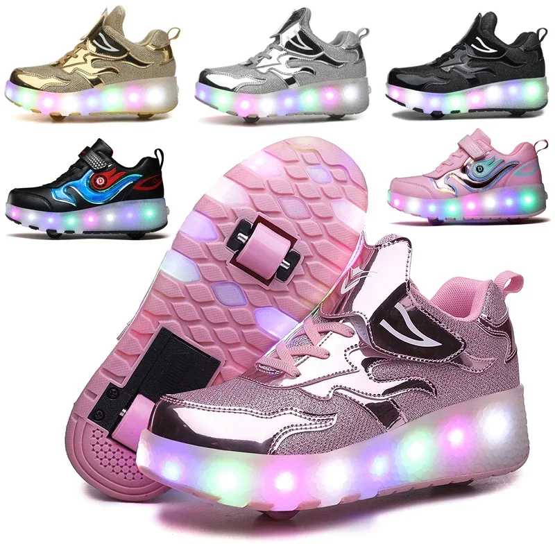 

Children Roller Skates Tow Wheels Shoes Glowing Fashion Children Sport Shoes Casual Skating USB LED Light Sneakers for Kids