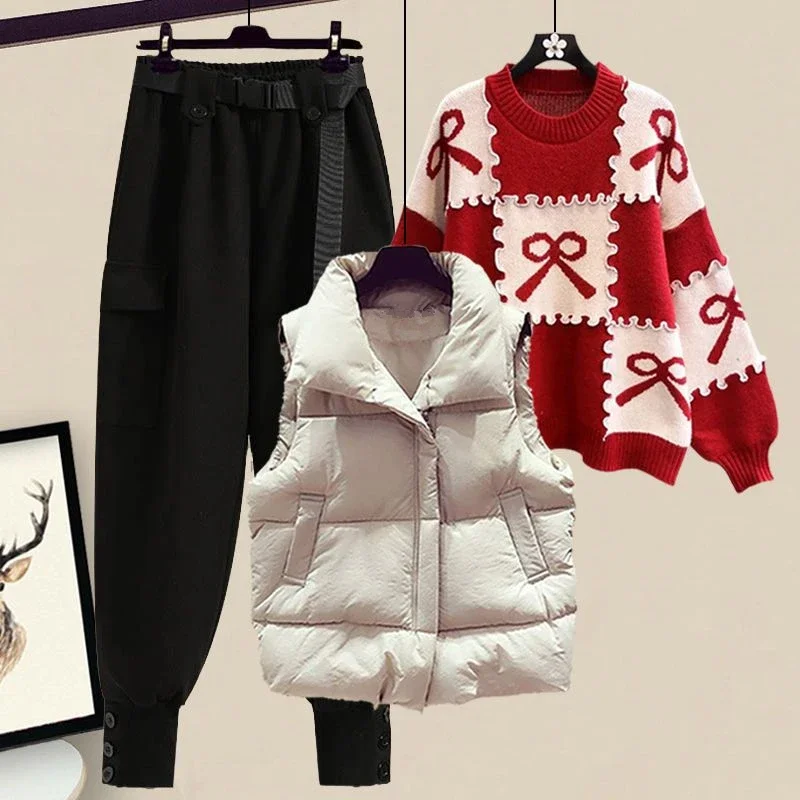 2023 New Autumn Winter Women Clothes Cute Bowknot Red Sweater Padded Vest Jacket Cargo Pants 1 or 3 Piece Set Lady Casual Outfit
