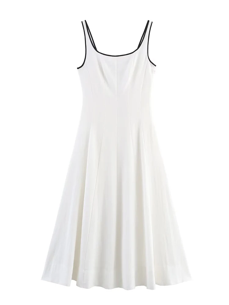 TFMLN Female Square Collar Midi Dress Casual Elegant Sleeveless Black White Contrast Color Chic Retro Slimming Women's Dresses