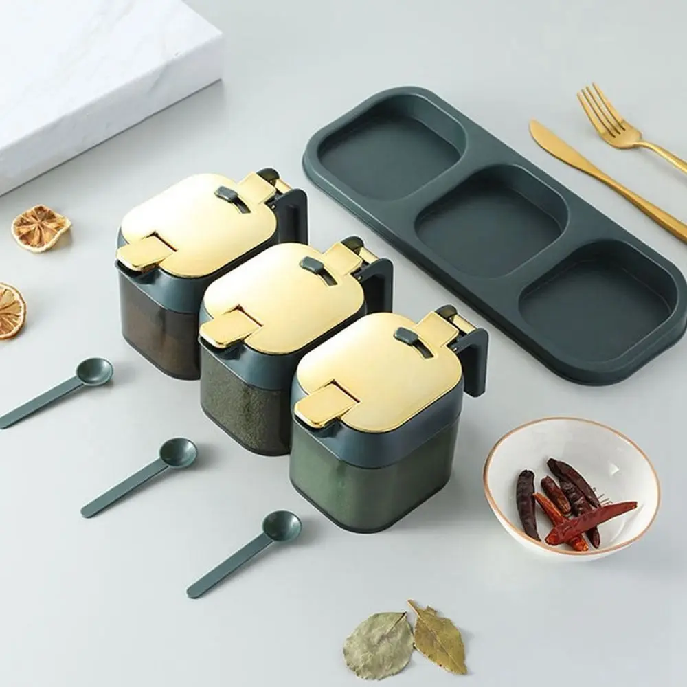 

Plastic Salt Seasoning Box Modern Sealed Gold/Silver Seasoning Jar with Lid with Spoon Dust-proof Spice Container Kitchen