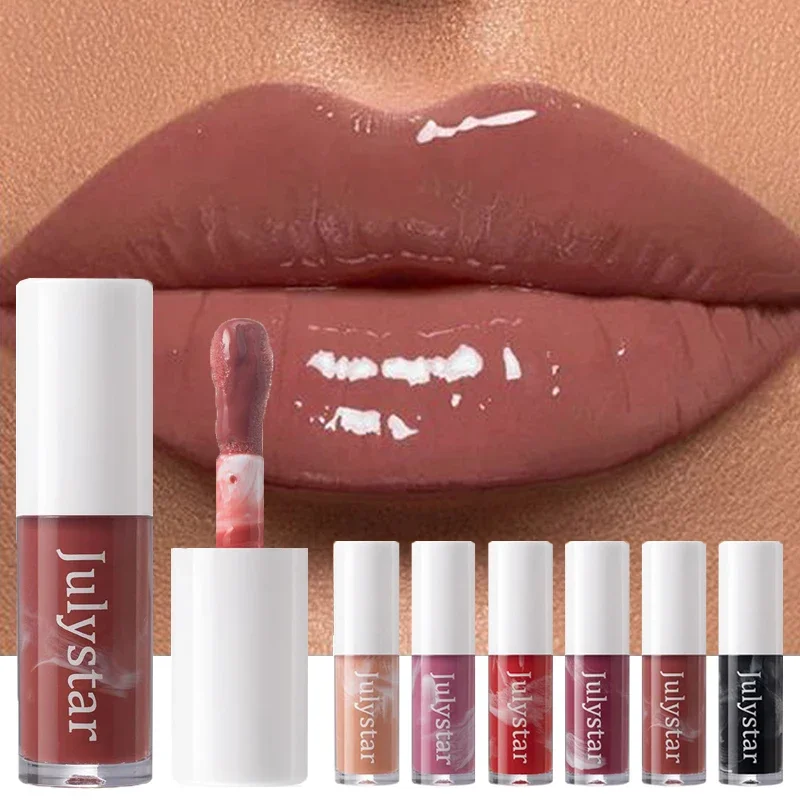 Julystar Mirror Lip Gloss Nude Milk Tea Liquid Lipstick Waterproof Sexy Red Moisturizing Lip Tint Hydrating Plumping Lips Makeup