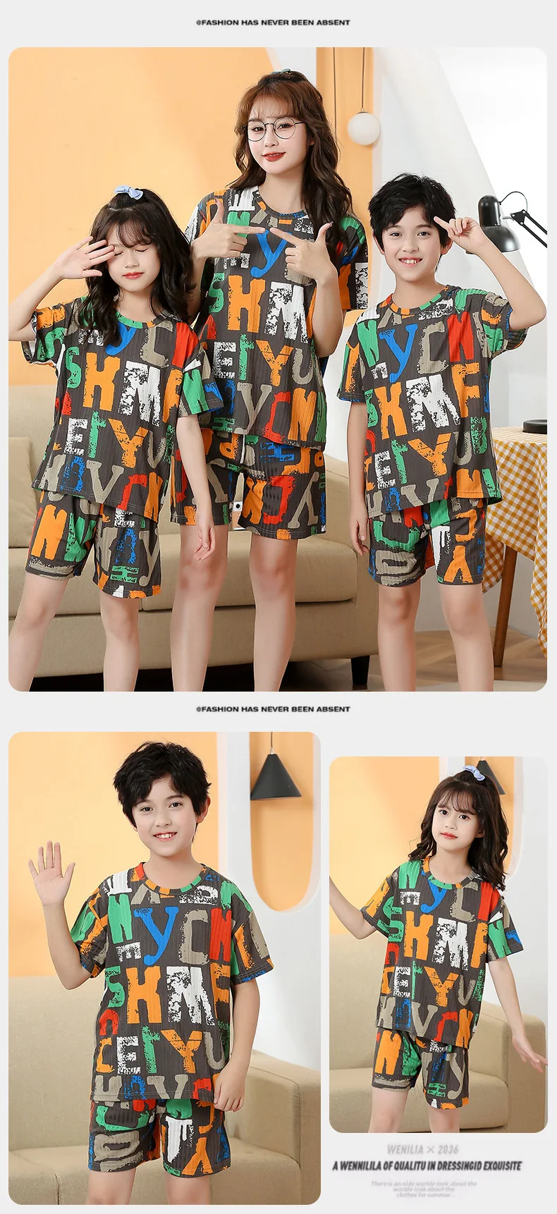 2 pieces for boys and girls pajamas Summer parent-child thin short sleeve cute neutral children's set Cute Children's homewear