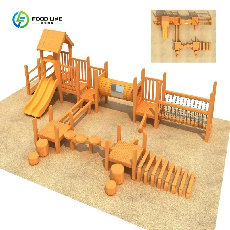 Attrezzature da gioco per esterni in legno per bambini con scivolo e struttura da arrampicata integrati per parchi pubblici, scuole mattonelle e scuole, personalizzabili - immagine 4