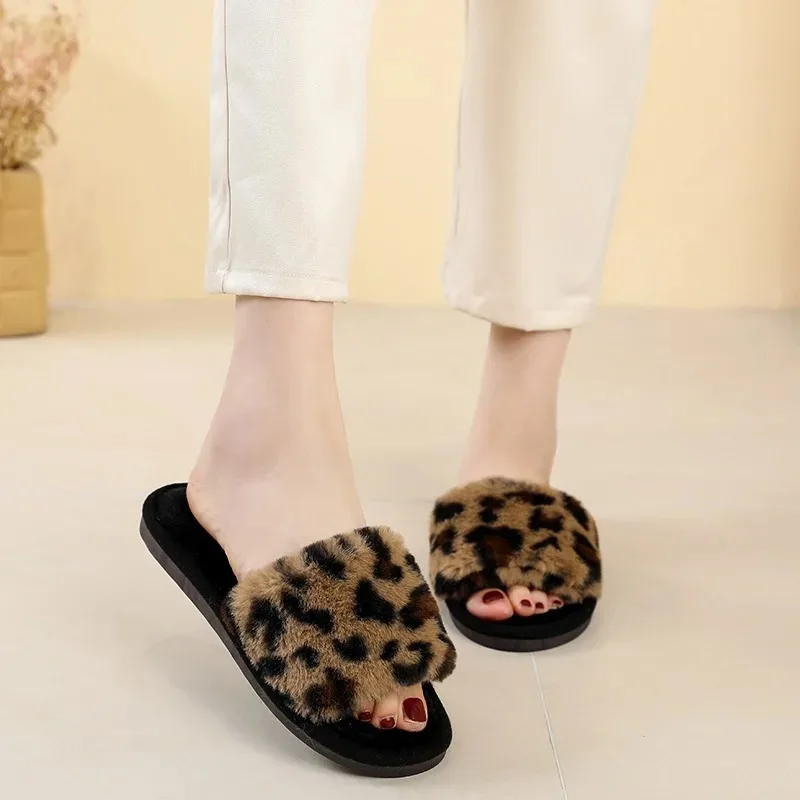 Four Seasons New Women's Home Slippers Slides Sandals Shoes Leopard  Fur Warm Plush Comfortable Lightweight Flat