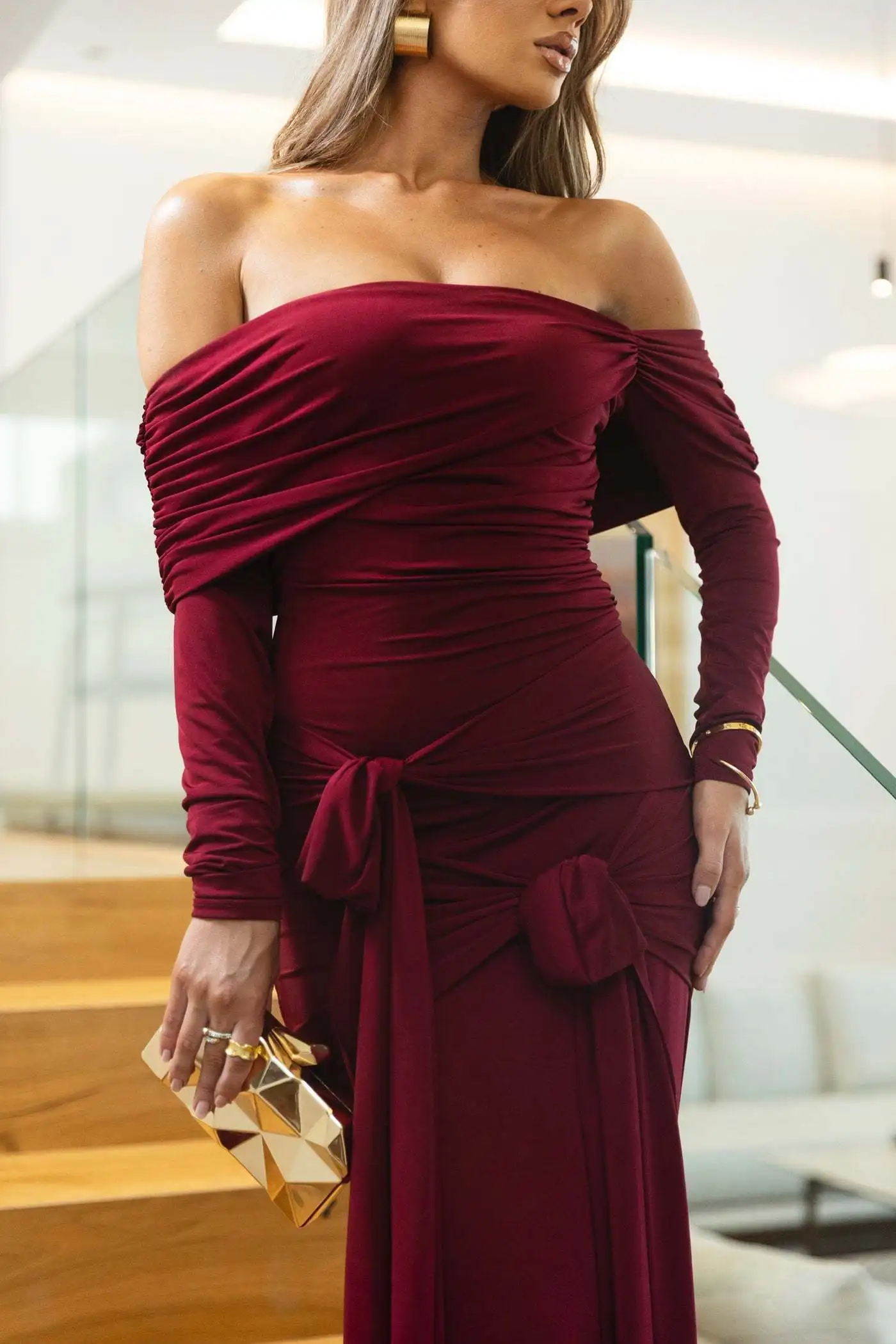 Elegant Long Sleeved Stretch Tight Bow Pleated Evening Dress Women Sexy Backless Bodycon Party Autumn Winter Vestido