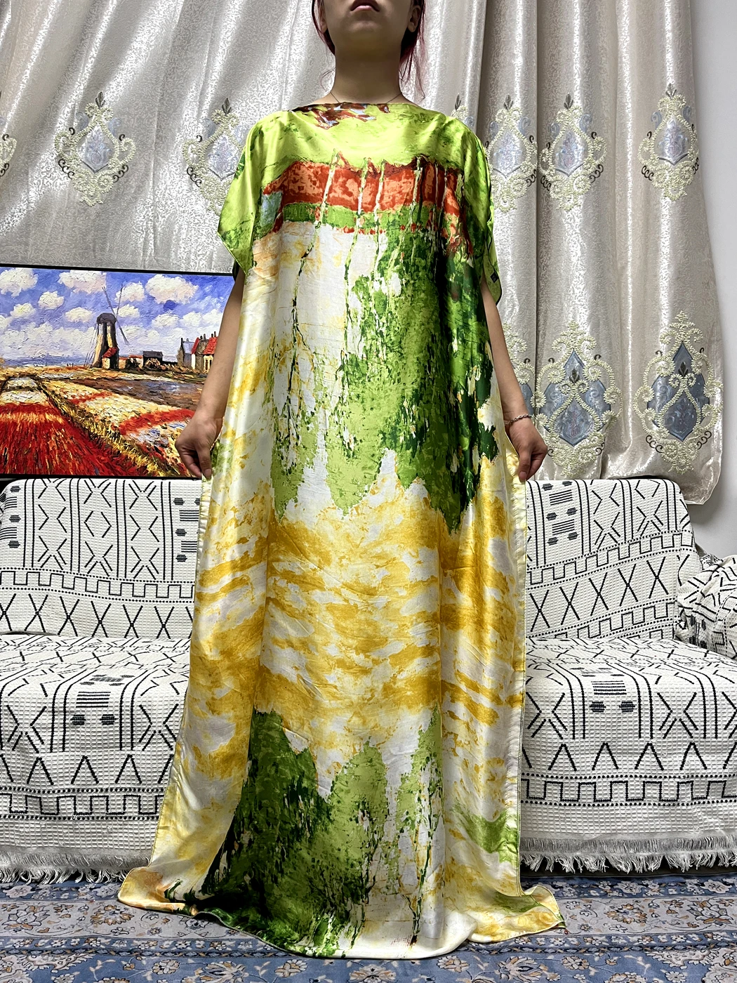 Muslim Abayas For Women Fashion Sets With Turban Belt  Hijab Printed Silk Oil Painting Design Silk Loose Femme Robe Party Dress