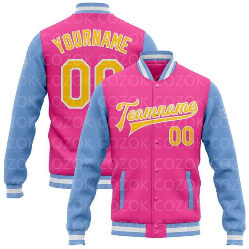 Custom Pink 3D Printed Baseball Button Jacket Bomber Full-Snap Varsity Letterman Jacket