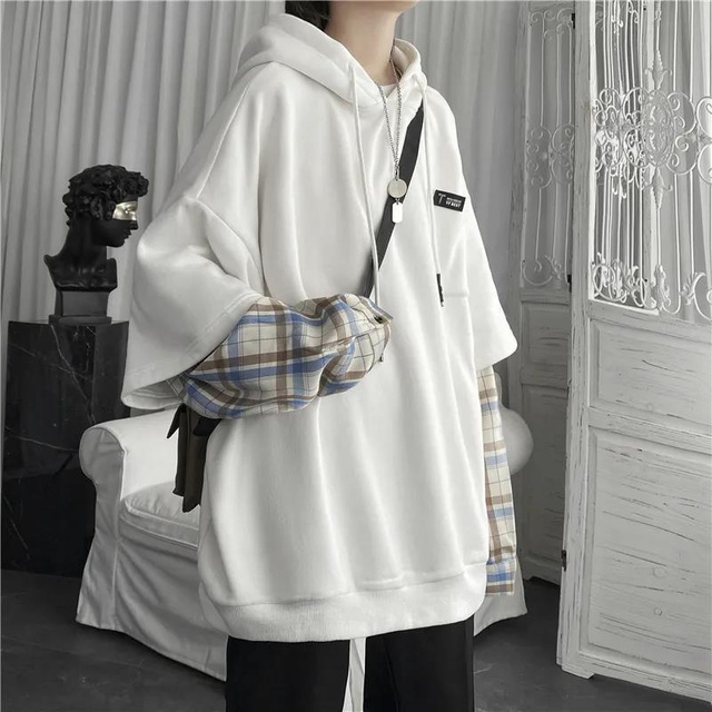 Women Hoodie Plaid Sleeve Patchwork Sweatshirt Fake Two Long Sleeve Pullovers Tops Female Hoodies Unisex Streetwear