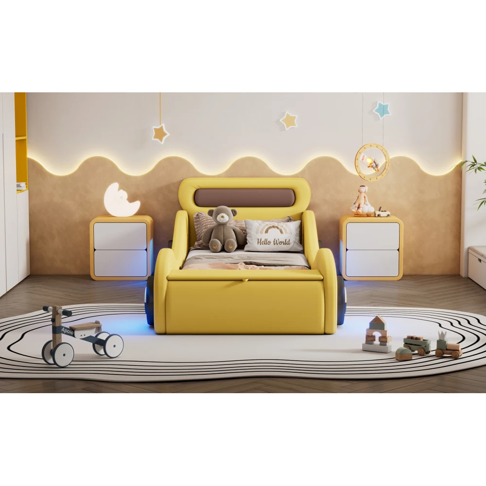 Gelbes PU-Leder-Autobett für Kinder, gepolstert, 90 x 200 cm, mit leuchtenden Rädern, Kinderbett für Jungen und Mädchen, Schlafzimmermöbel – Detail 17