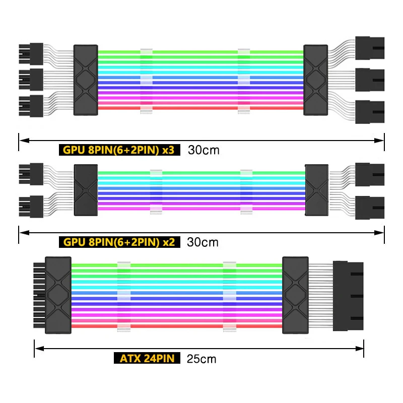 Jumpeak Computer 18AWG ARGB Sync PSU Power Supply Extension Cable Kit ATX 24PIN VGA GPU PCI-E 8PIN 6Pin RGB PC Module Cables