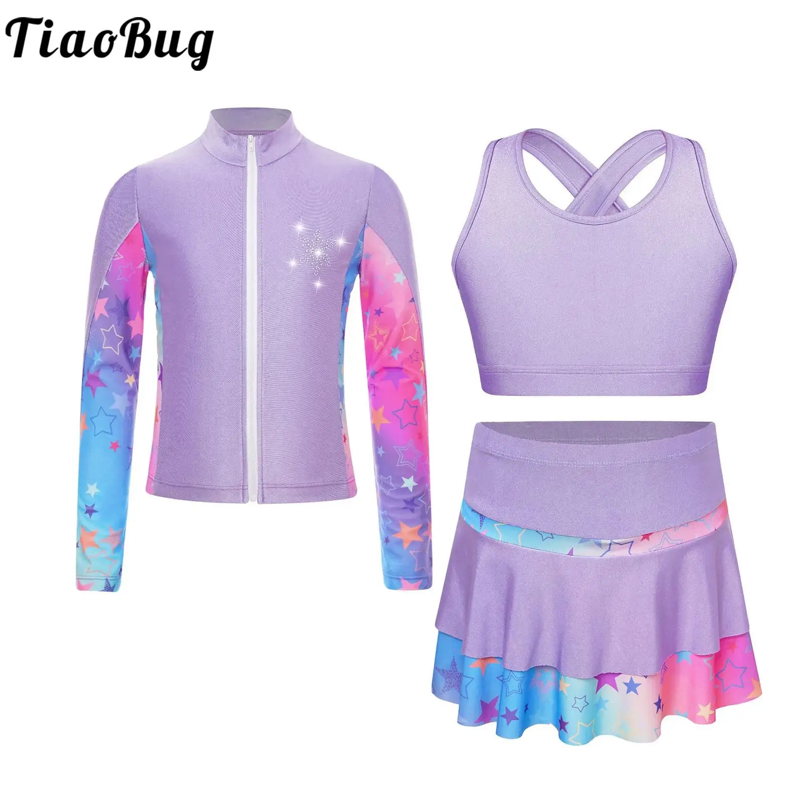 

Kids Girls Figure Skating Gymnastics Performance Dancewear Long Sleeve Rhinestone Jacket Skirts Vest for Cheerleading Workout