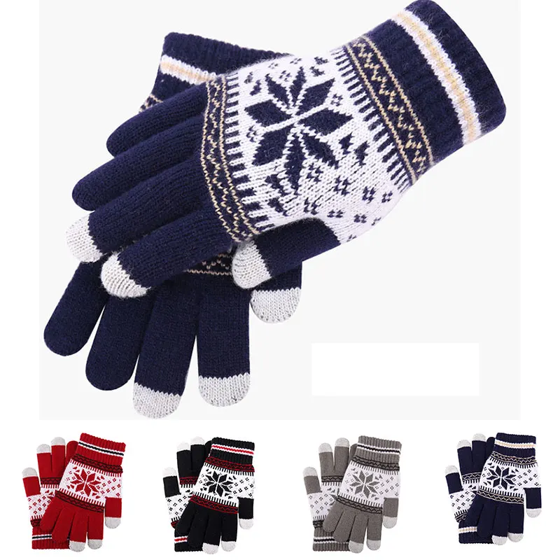 

1PairKorean Christmas Snowflake Pattern Woolen Knit Warm Mittens Winter Female Plus Velvet Thick Elastic Windproof Driving Glove