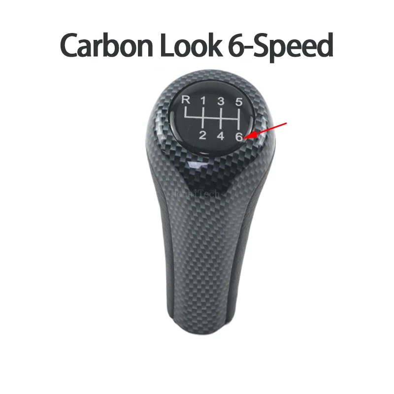 Carbon Look Leather Gear Shift Knob - Silver, 5/6 Speed Car Shifter