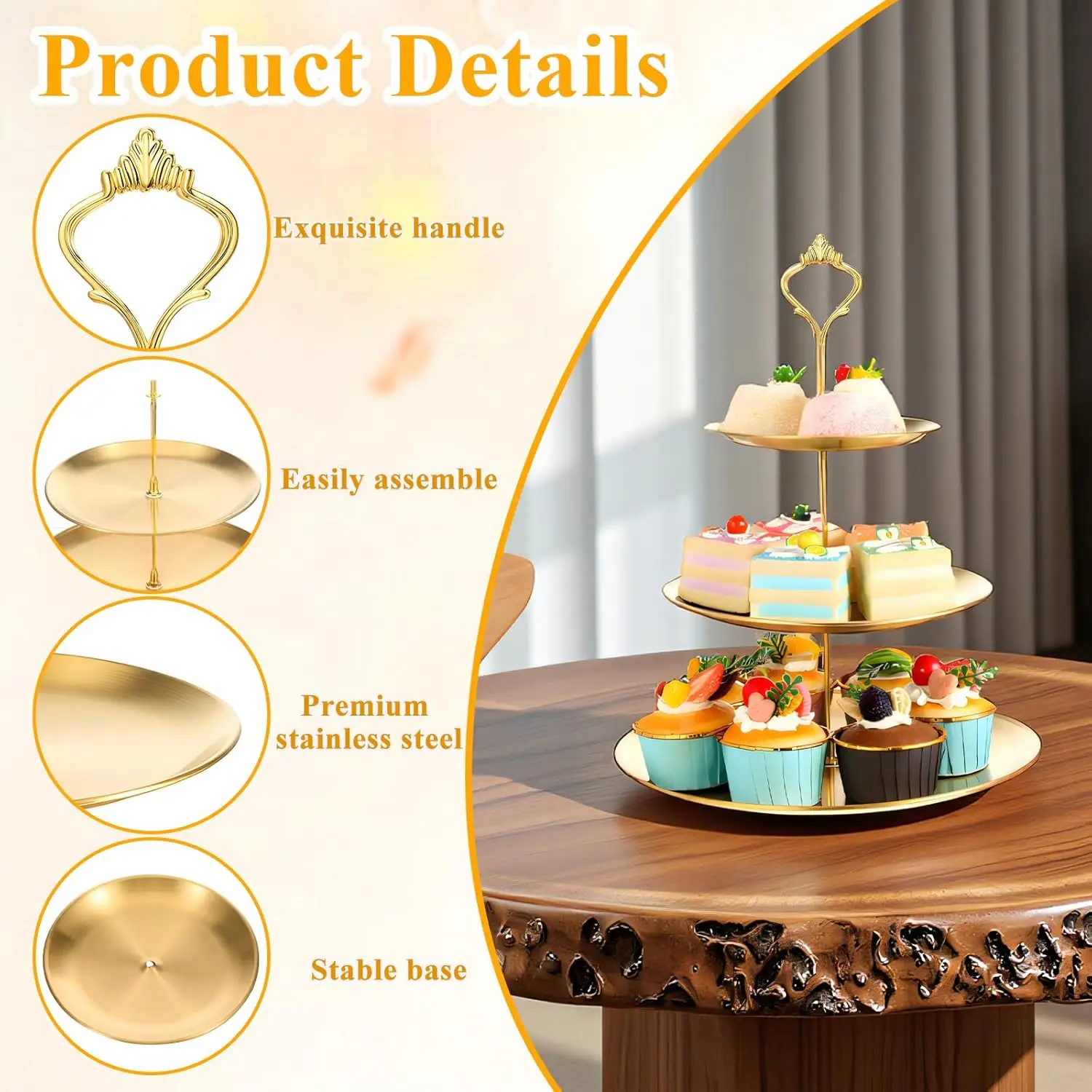Wedding Gold 3-Tier Cake Stand - Luxury Dessert Display Rack for Bridal Shower Birthday Festival Celebration
