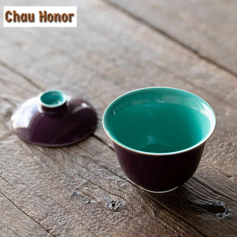 125ml Handmade Purple Glaze Ceramic Tea Tureen Chinese Imperial Palace Style Tea Maker Gaiwan Kung Fu Puer Tea Set Tea Ceremony