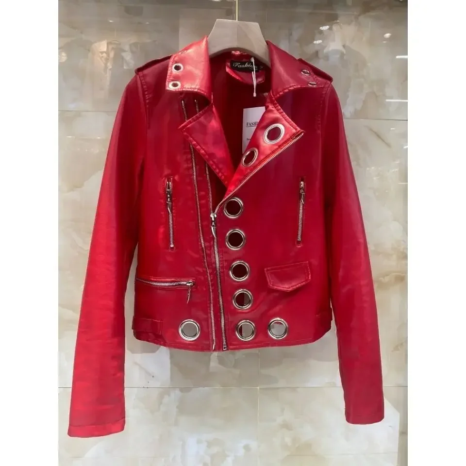 Leather Jacket Women Spring 2024 New Women Clothing All-match Fashion Metal Circle Thinner PU Leather Jacket Women's Short Trend