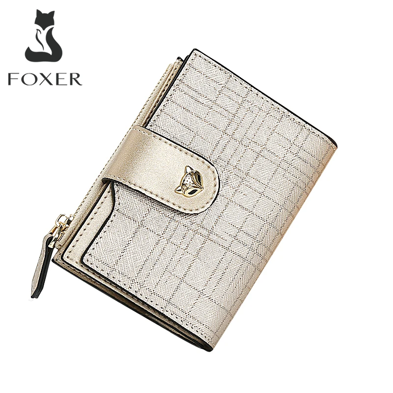 FOXER 2026 New Cowhide Leather Women's Short Wallet High Quality Clutch Card Purse Mini Fashion Female Folding Anti-theft Bag 1
