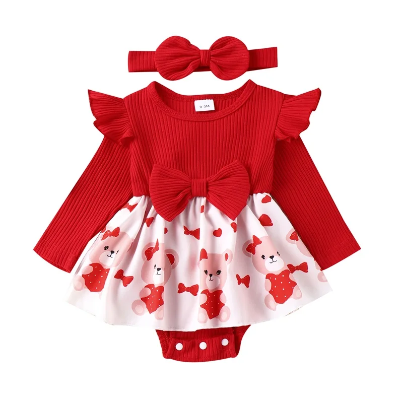 

Valentine s Day Baby Girl Cute Outfit Heart Print Ruffled Bowknot Bodysuit Romper Jumpsuit Infant Clothes