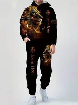 Felpa con cappuccio con stampa motivo leone dorato da uomo Completi in 2 pezzi Felpa con cappuccio 3D Pantaloni sportivi Set Abbigliamento da uomo oversize autunno/inverno 1