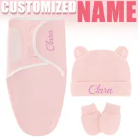 Embroidery Name Baby Blanket Hat Set Cotton Newborn Swaddle Adjustable Infant Sleeping Swaddle Wraps All Seasons 0-6 Months 2