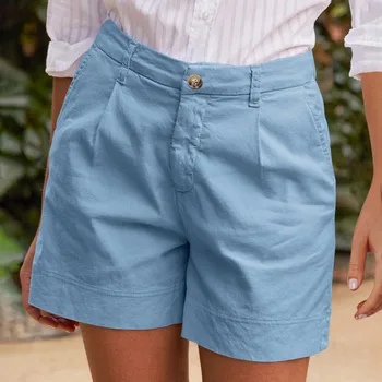 Cotton Linen Solid Shorts For Women Button High Waist Summer Loose Casual Pockets Shorts Female Pants Women Clothing 1