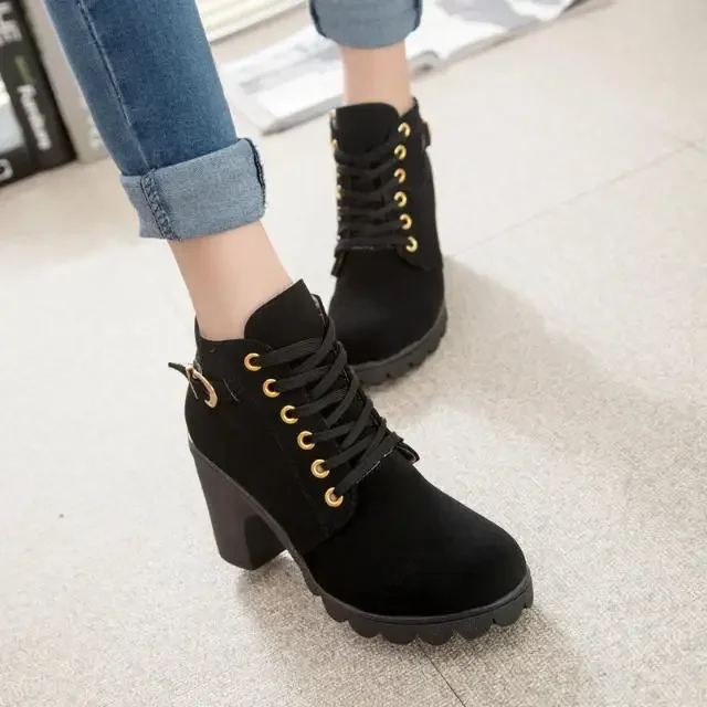 Platform Ankle Boots Women High Heel Lace Up Buckle Artificial Leather