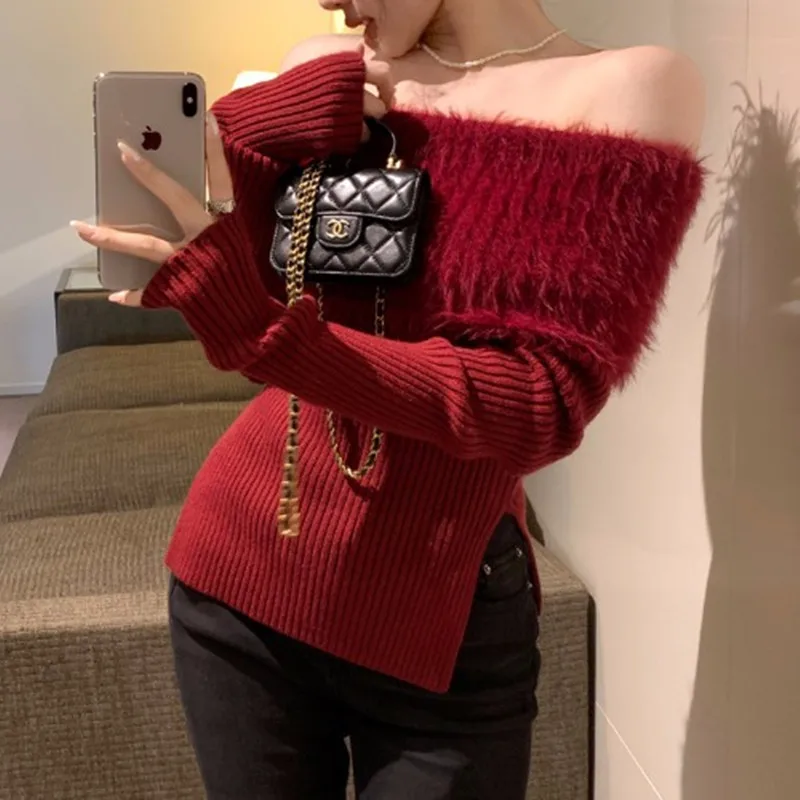 Autumn and Winter New Women's Long-sleeved Fleece Shoulder-knitted Sweater Sexy Casual Slim-fit Knitted Top