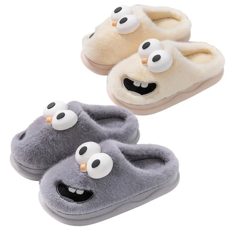 Furry Slippers For Women Plush Fuzzy Slip On Winter House Slippers Expression Warm Bedroom Shoes Cute 3D Cartoon Fluffy Slipper