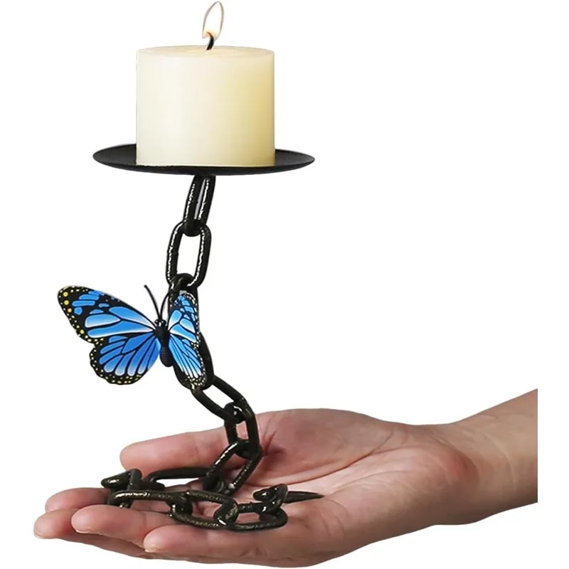 Matte Black Iron Pillar Candle Holder with Magnetic Butterfly Retro Decoration for Living Room, Creative and Interesting